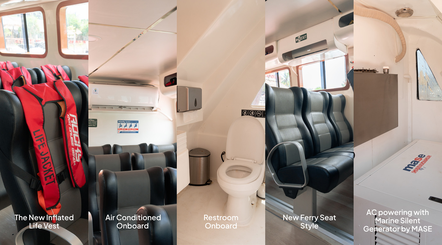 Comfortable passenger seats inside Rocky Fast Cruise fast boat